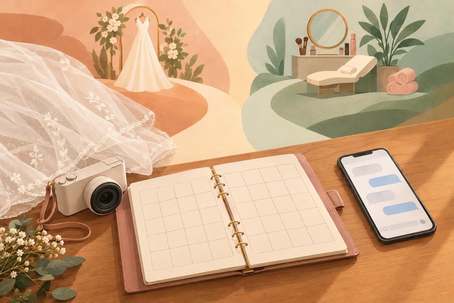 白紙のカレンダー手帳とスマートフォン、ベールとカメラが並び、二つの道が分かれていく様子を描いた概念イラスト