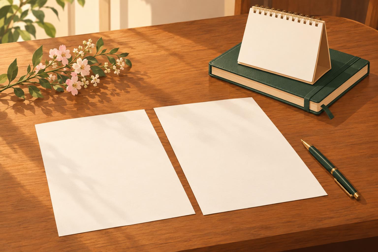 無地の書類を並べたテーブルにペンと手帳、小さなカレンダー、花の小枝が置かれたイラスト